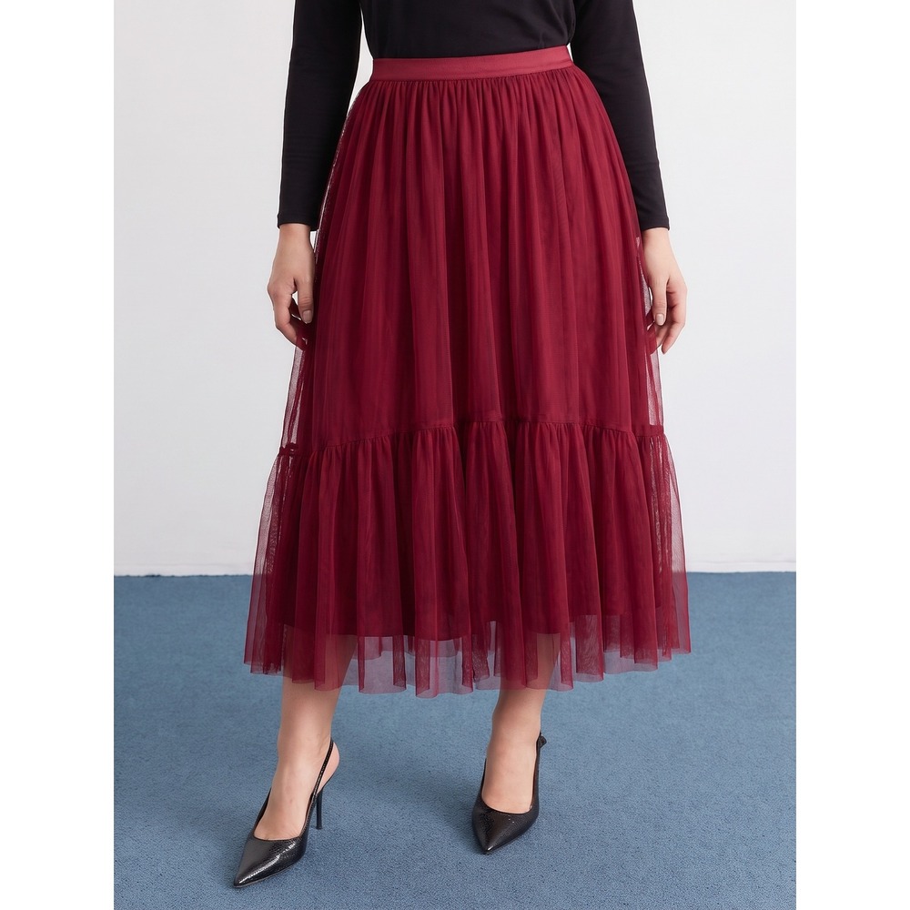 ASOS Tulle Maxi Skirt Women‎ Size 2 Burgundy Tiered Ruffle High Waist F101070
